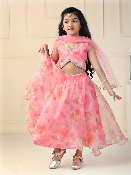 Floral print flared organza lehenga set-Peach