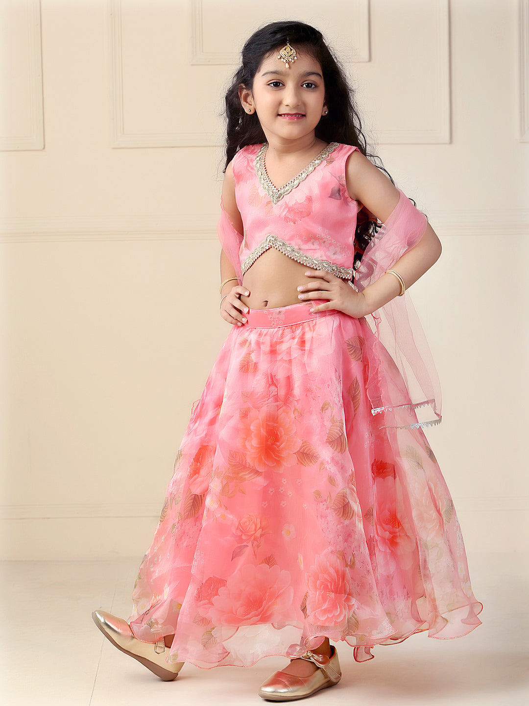 Floral print flared organza lehenga set-Peach