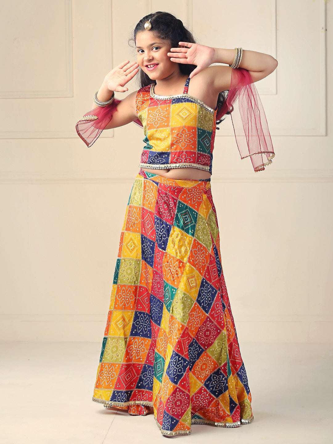 Chunri print chinon lehenga-Multicolour