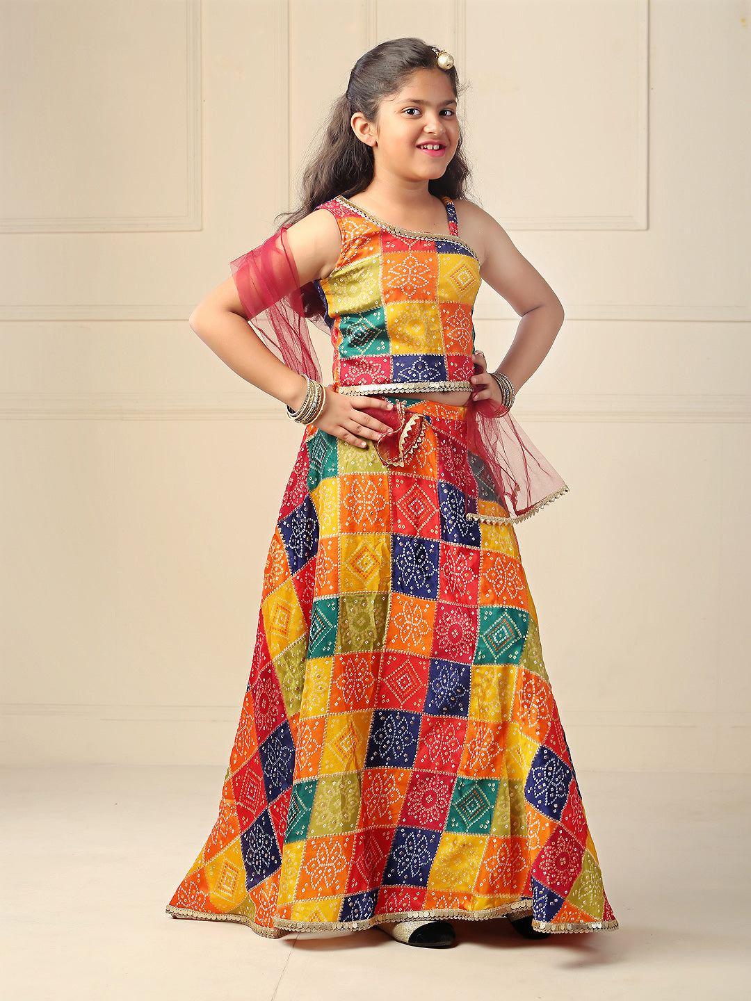 Chunri print chinon lehenga-Multicolour