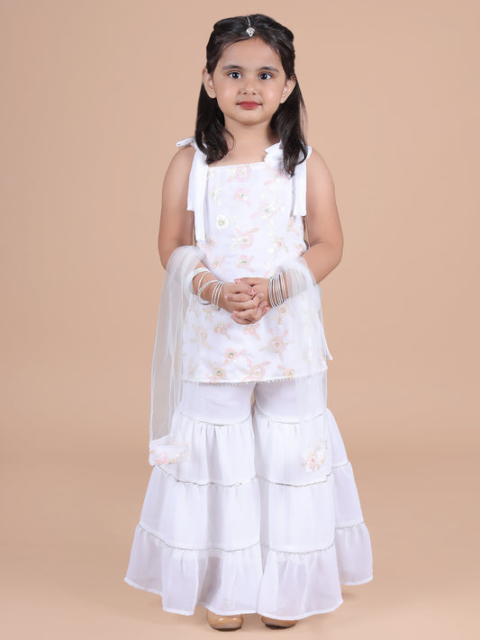 Embellished white rose embroidered kurti with a flared Sharara-White