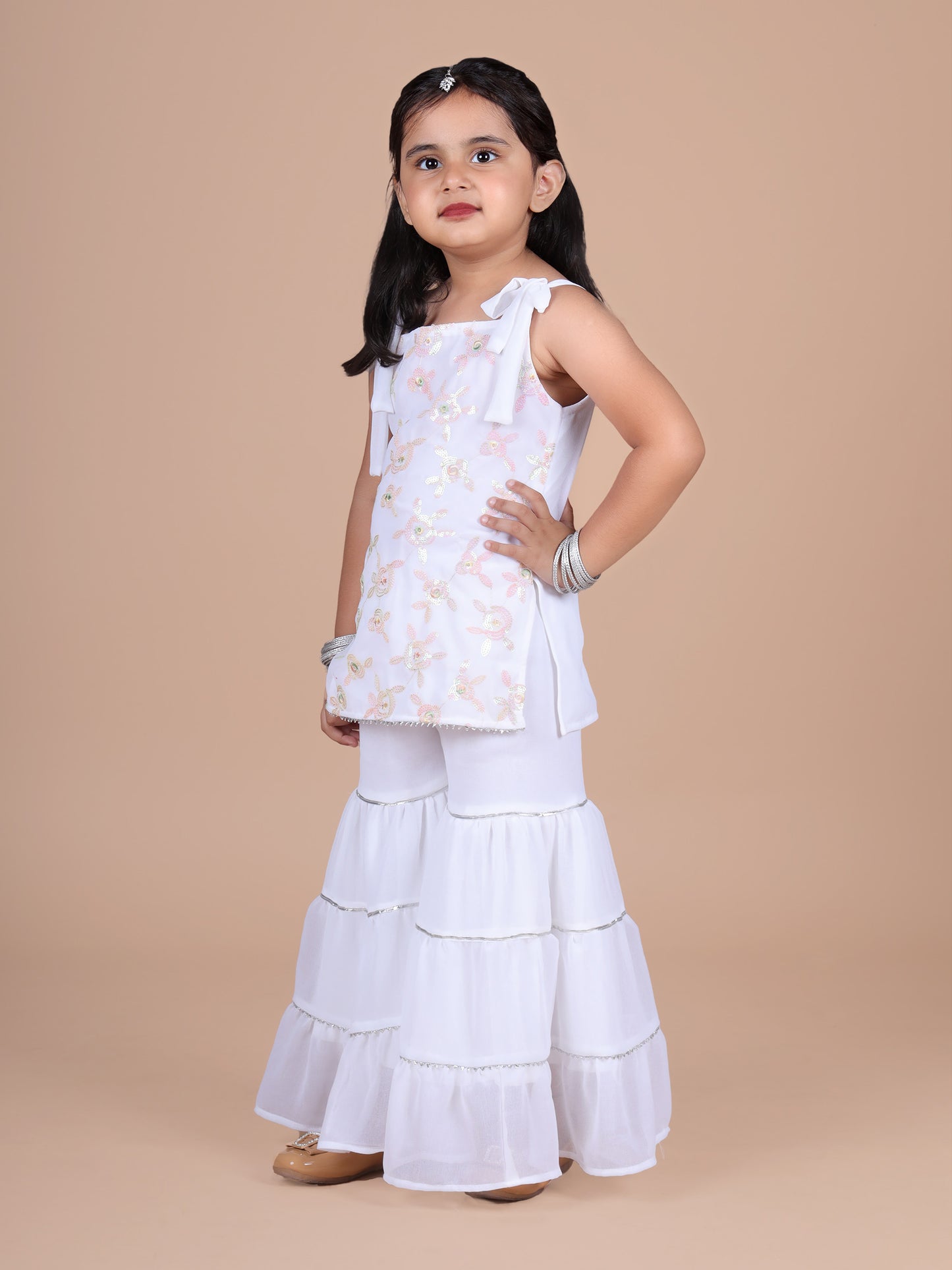 Embellished white rose embroidered kurti with a flared Sharara-White