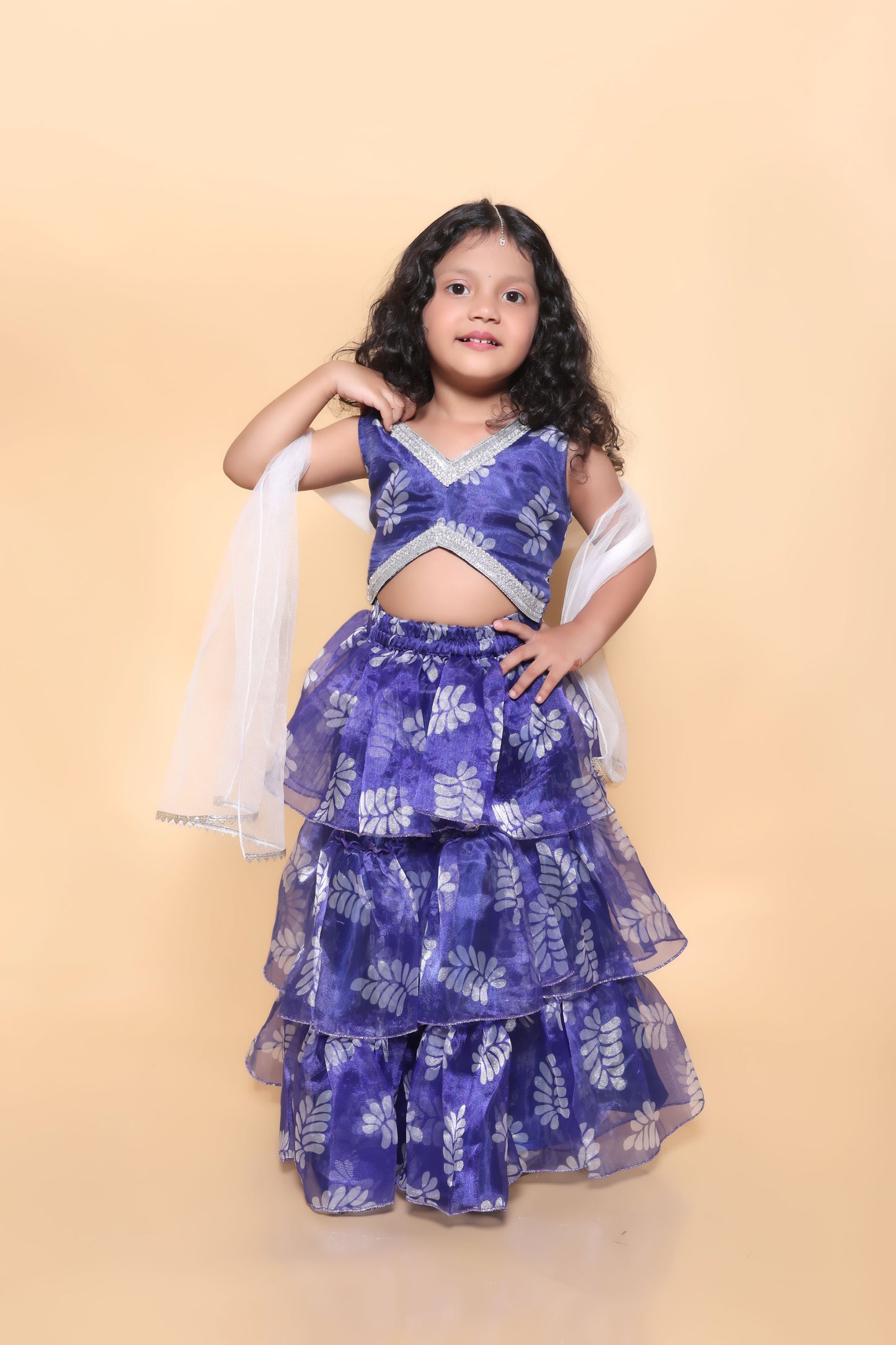 Sleeveless organza layered lehenga set -Blue