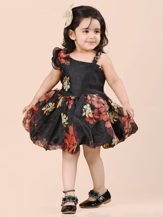 Organza Black Floral Fit and Flare Party Frock