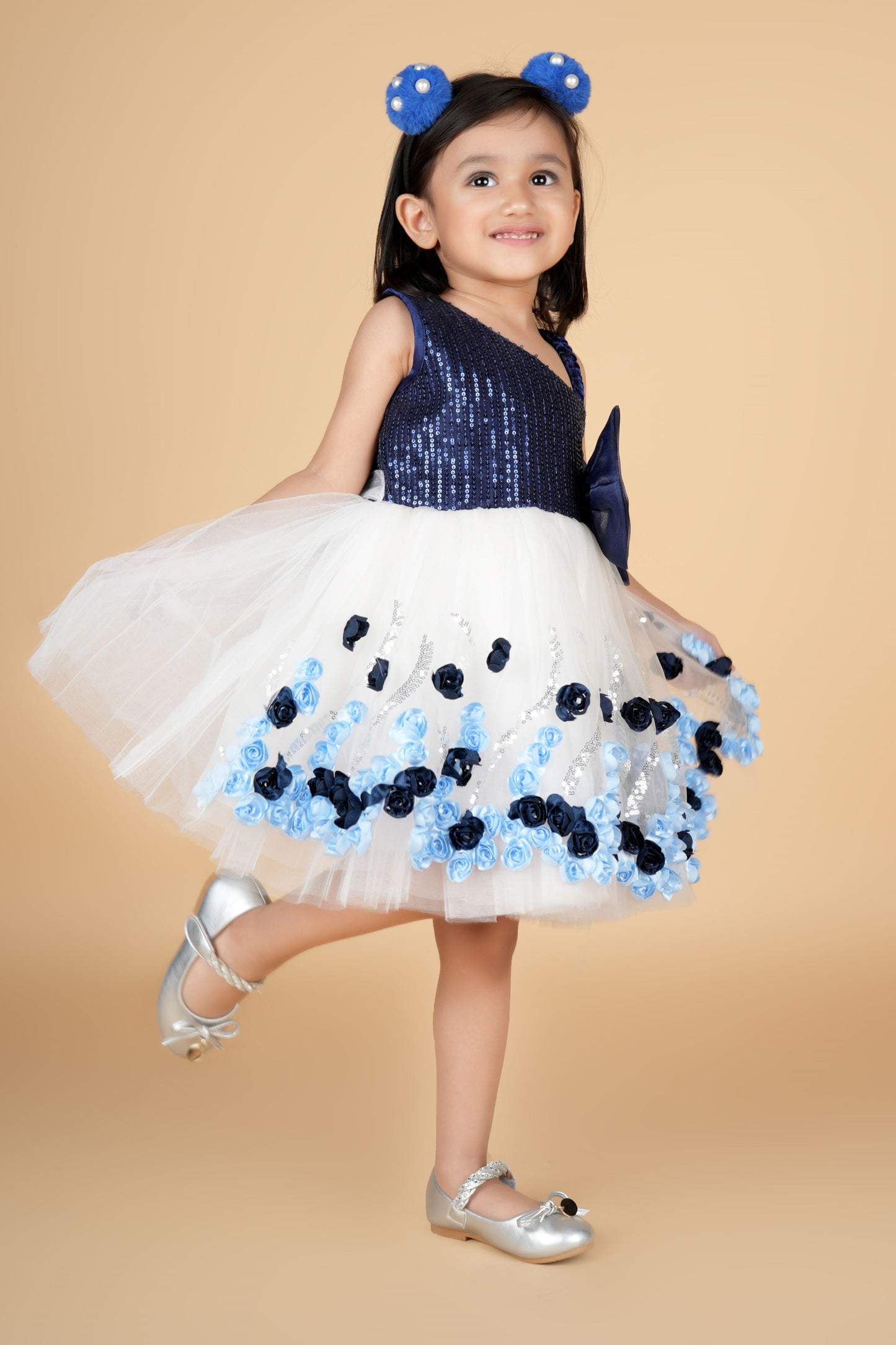 Fit and flare white and navy party frock