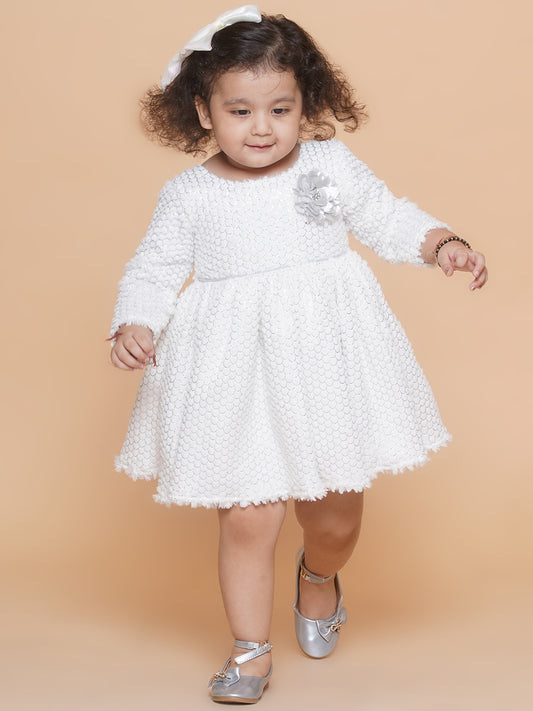 Winter fur full sleeves fit and flare party frock- White