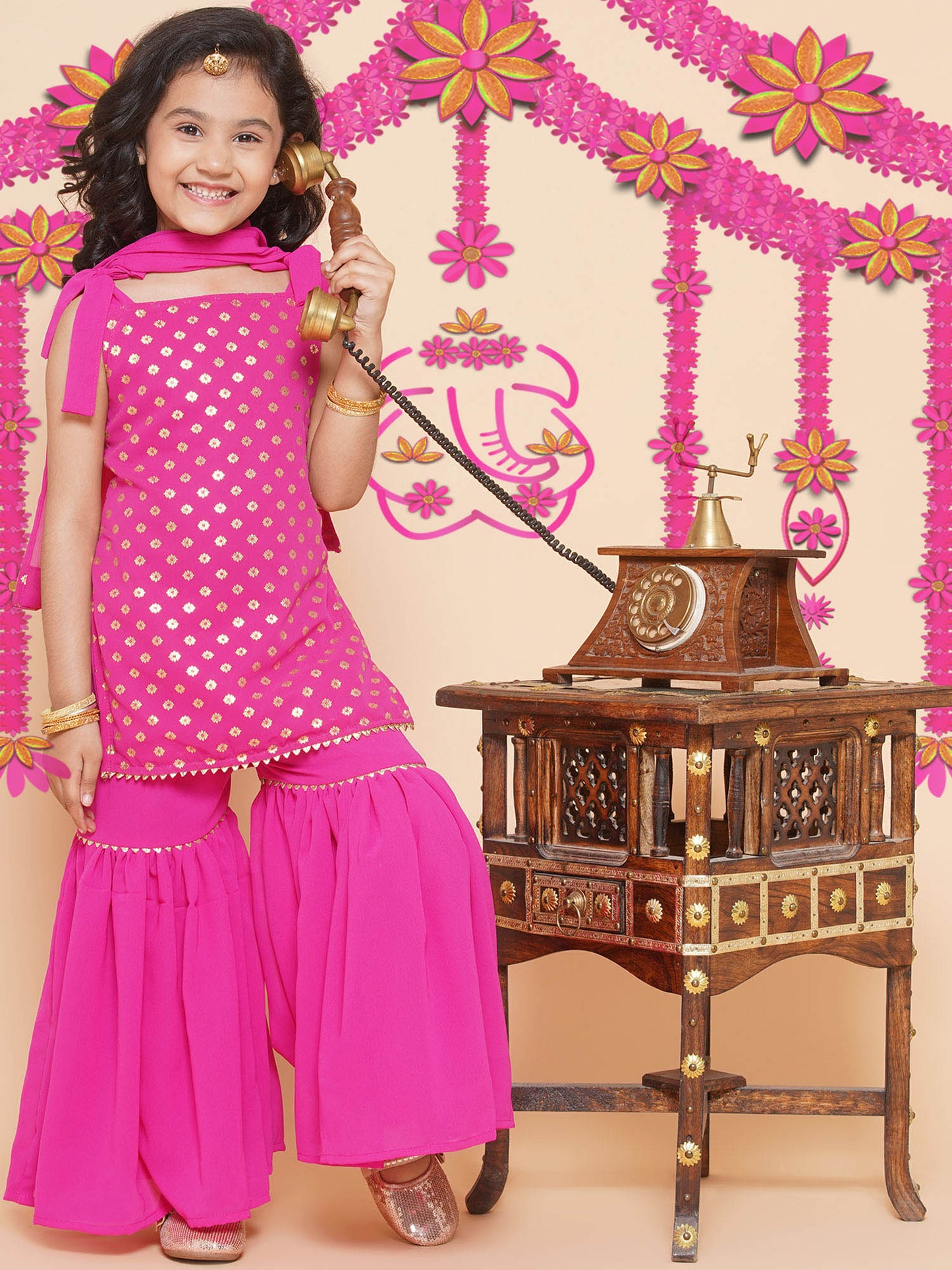 Kurta and Sharara Set With Dupatta (Magenta)