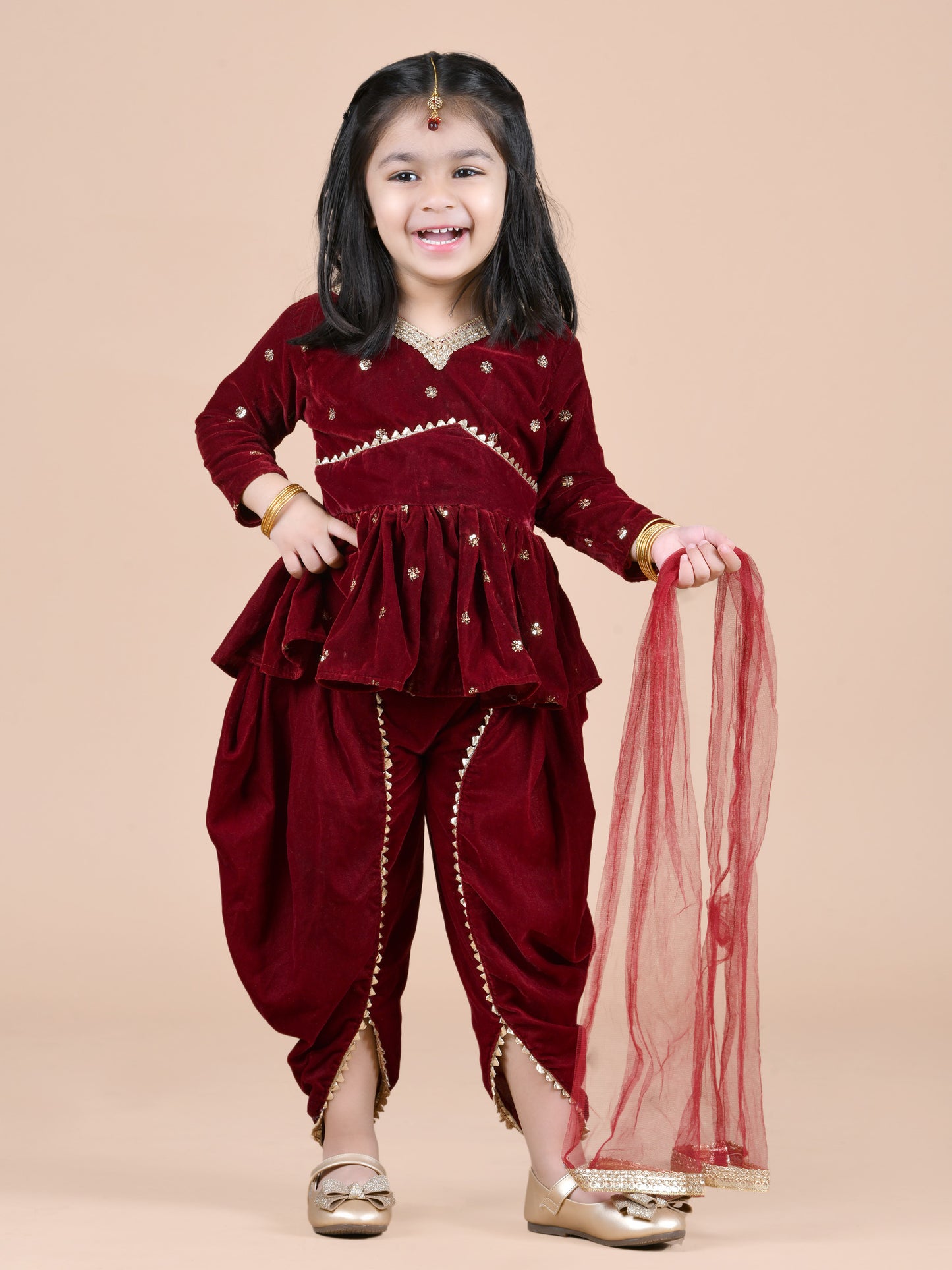 Embellished Top & Velvet Dhoti  with Dupatta (Burgundy)