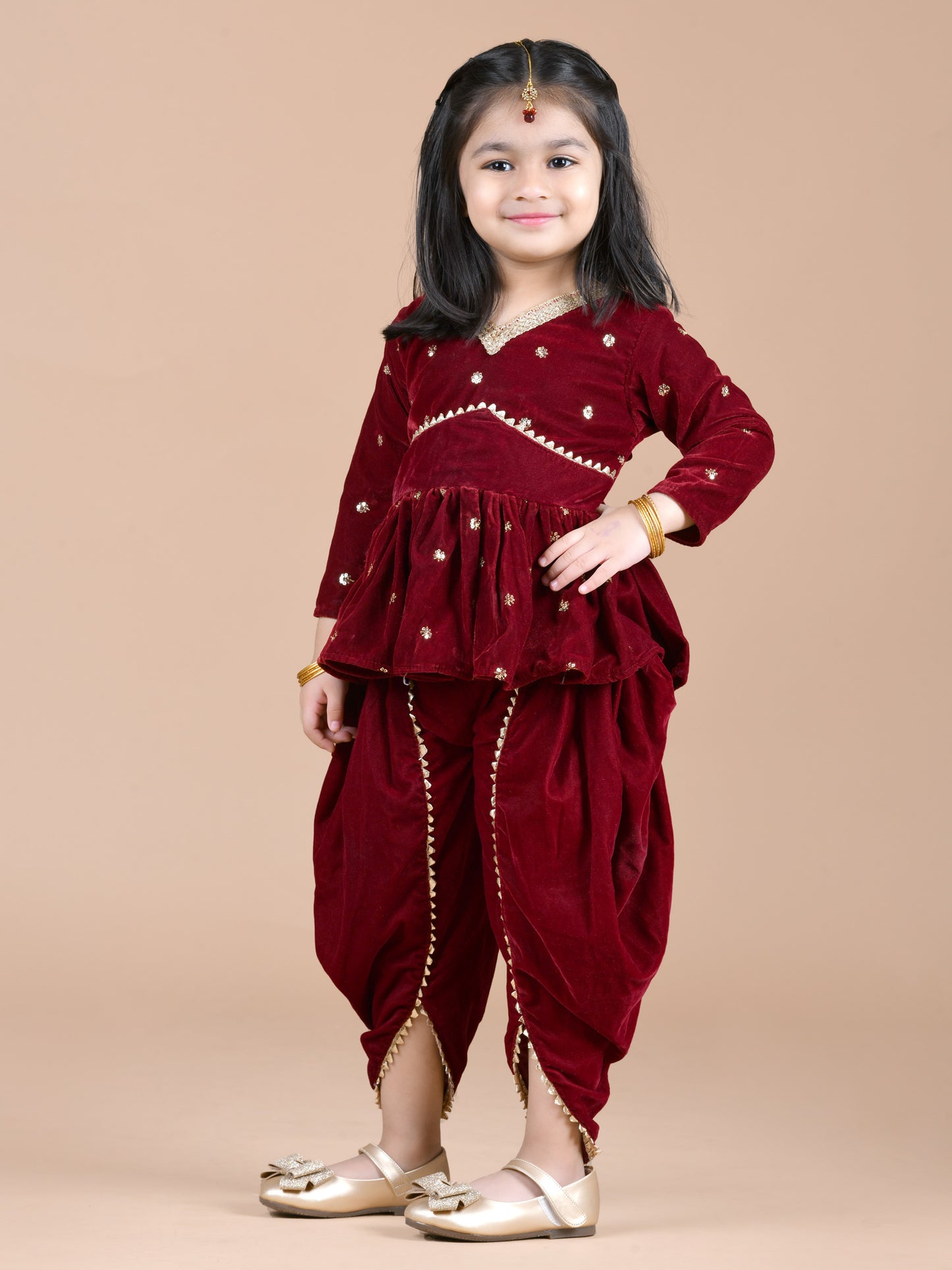 Embellished Top & Velvet Dhoti  with Dupatta (Burgundy)