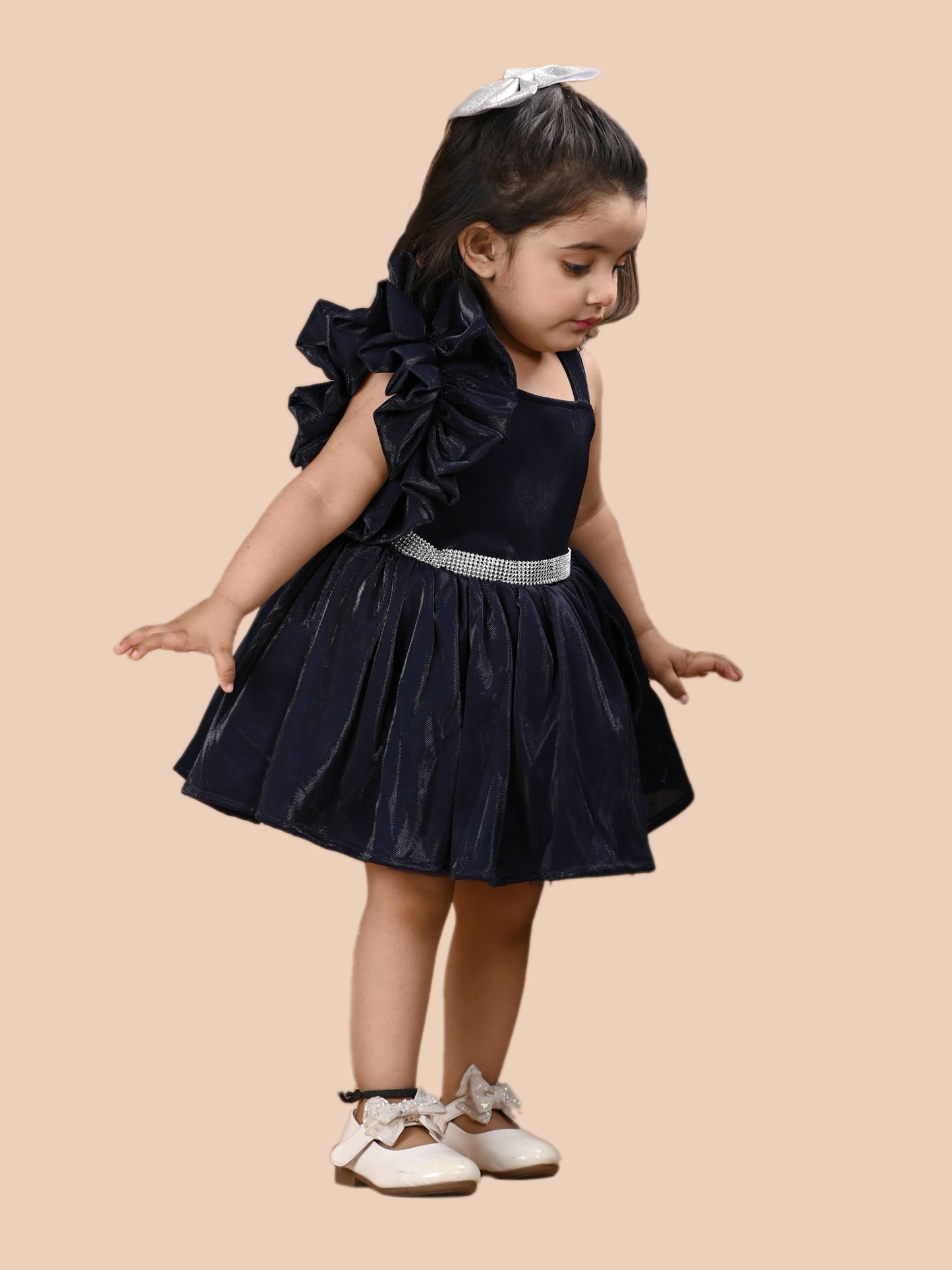 Navy solid satin box pleated frock