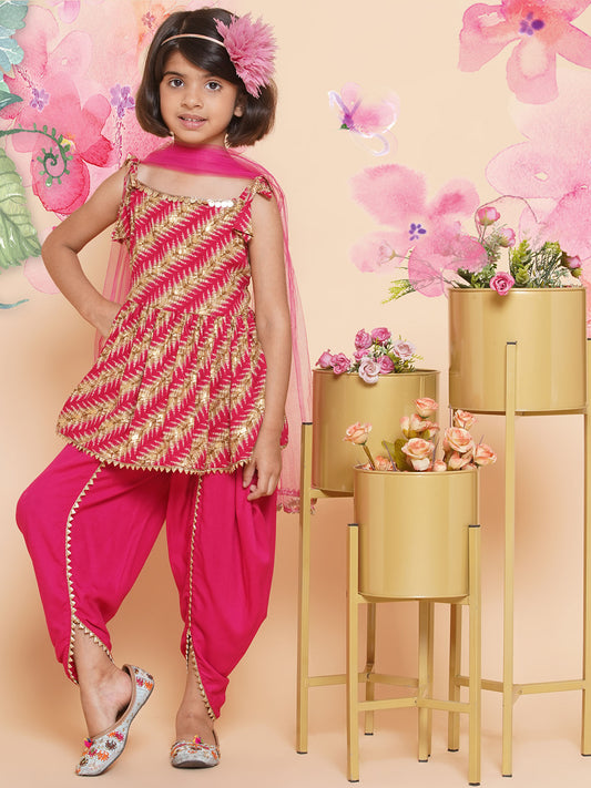 Rayon printed top with dhoti and dupatta- Pink