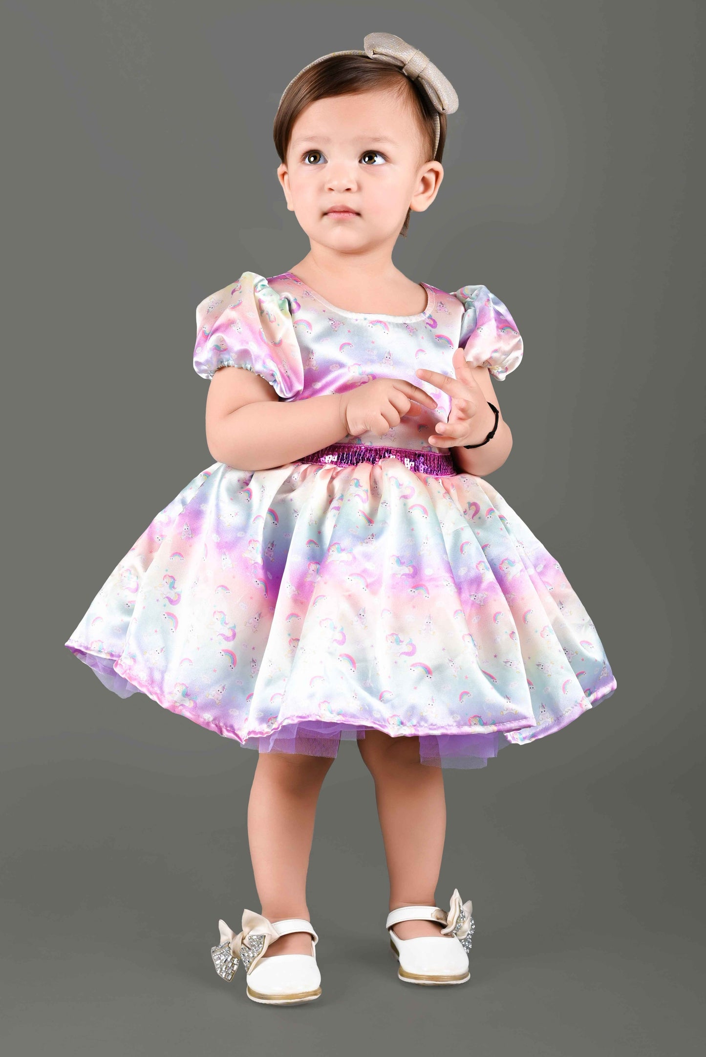 Unicorn Print Fit & Flare Satin Party Frock (Multi)