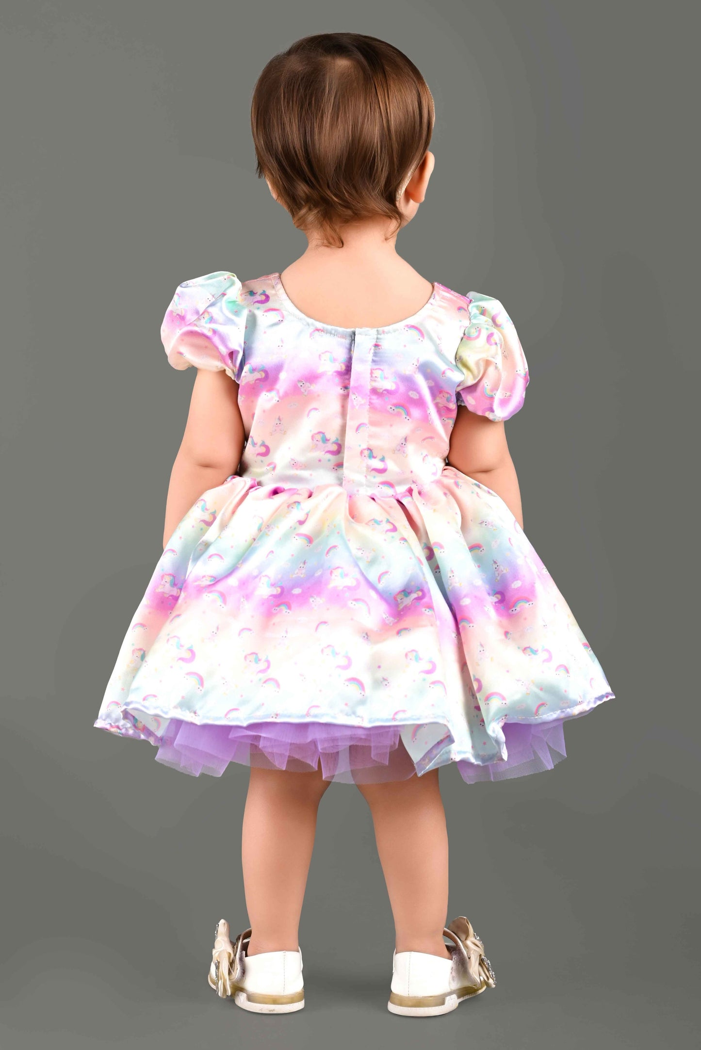 Unicorn Print Fit & Flare Satin Party Frock (Multi)