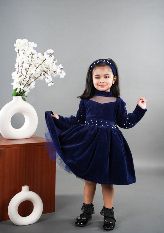 Titrit Solid Navy velvet frock with a hair band .