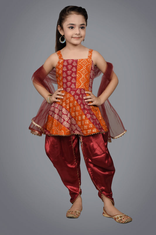 Rayon Top and Satin Dhoti with Dupatta (Maroon & Orange)