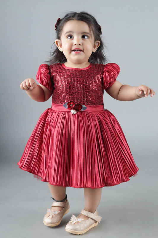 Pleated Fit & Flare Net frock (Red)