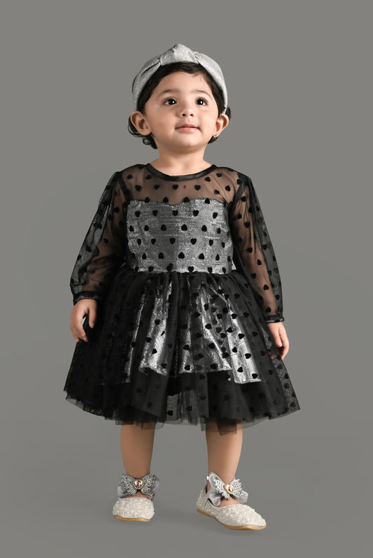 Full Sleeves Fit and Flare Net Party Frock (Black)