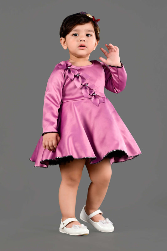 Full Sleeves Fit and Flare Satin Party Frock (Mauve)