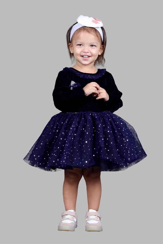 Full Sleeves Velvet Fit and Flare Party Frock (Navy Blue)