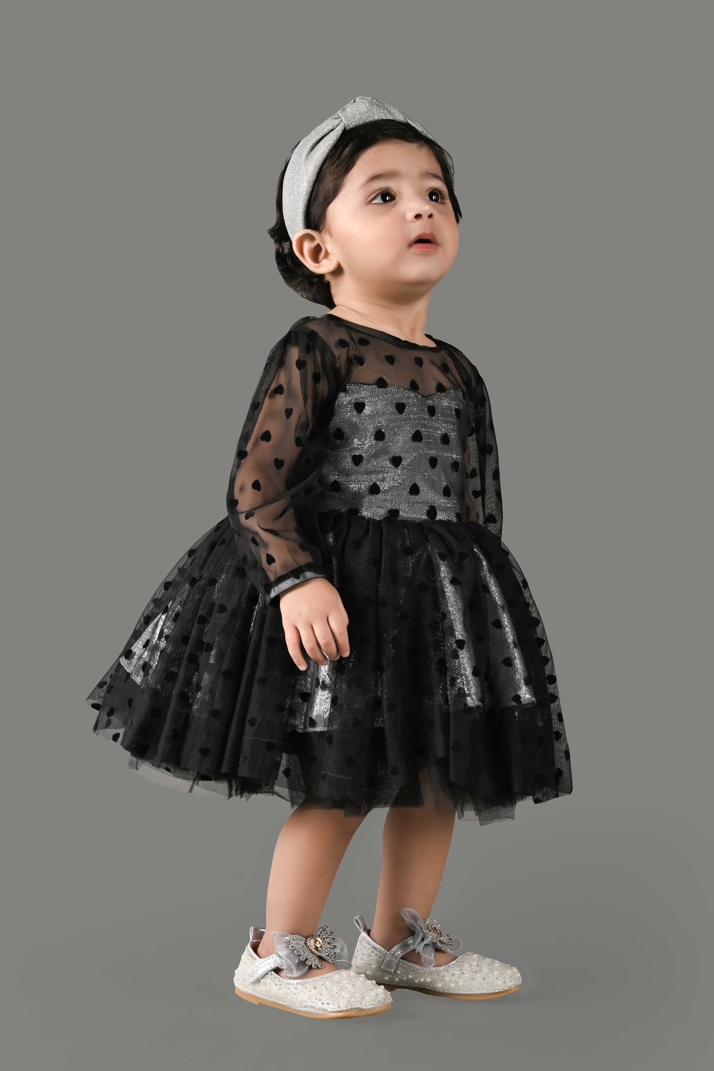 Full Sleeves Fit and Flare Net Party Frock (Black)