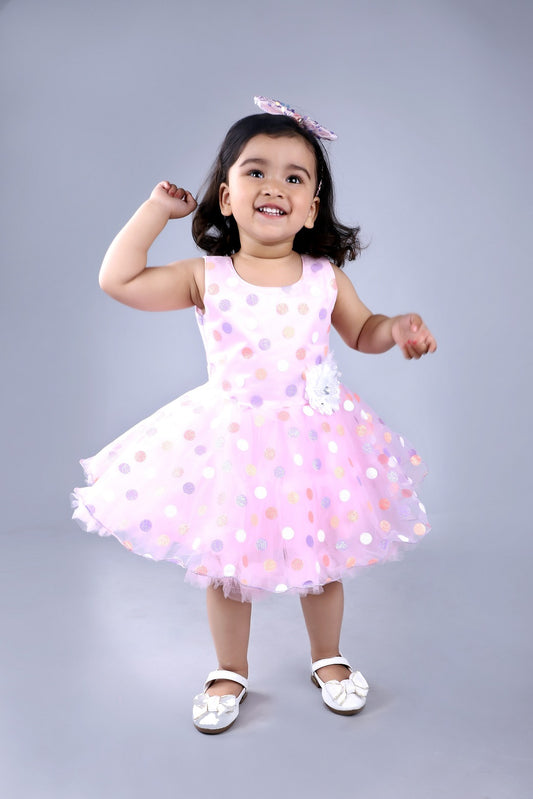 Polka Net Baby Party Frock (Pink)