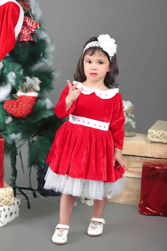 Christmas Velvet Collar Neck Frock (Red)